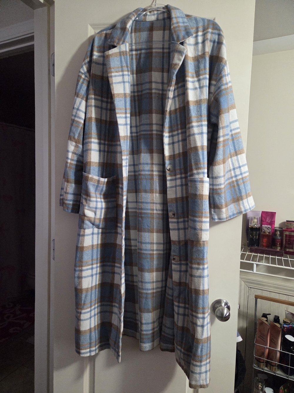 SHEIN Blue White and Brown Plaid Long Coat